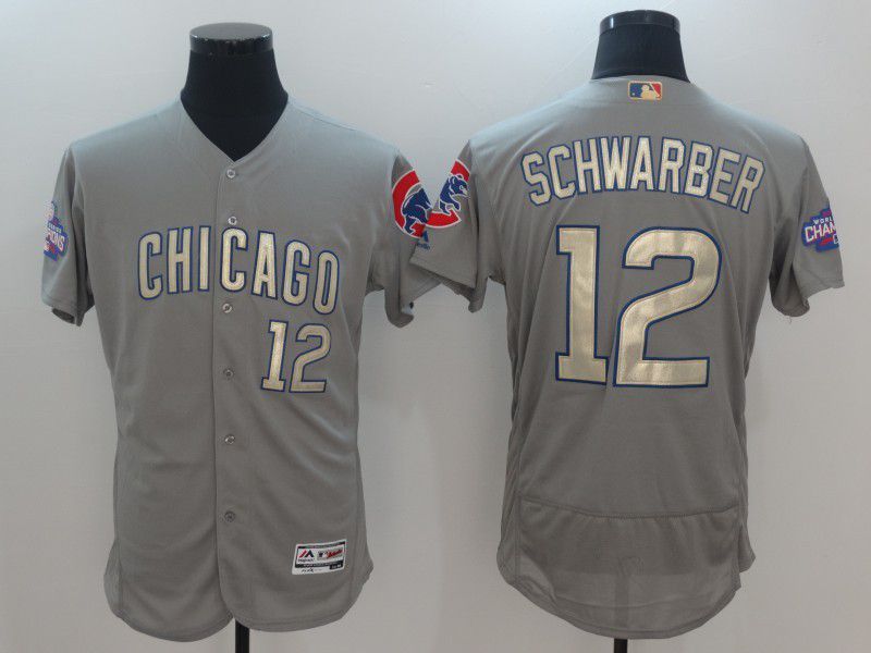 Men Chicago Cubs #12 Schwarber Grey Champion gold character Elite 2021 MLB Jerseys